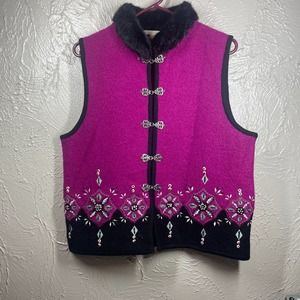 Carson Purple Hook 100% Wool Fuzzy Floral‎ Embroidered Sweater Vest Womens Sz M